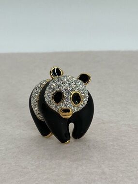 Vtg Atwood & Sawyer Panda Bear Rhinestone Enamel Gold Tone Metal Brooch
